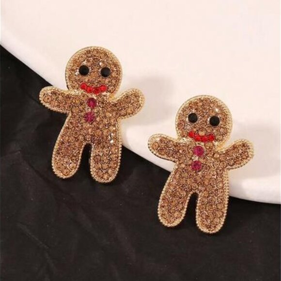 Gingerbread Man Rhinestone Ear Stud Earrings - Picture 1 of 3
